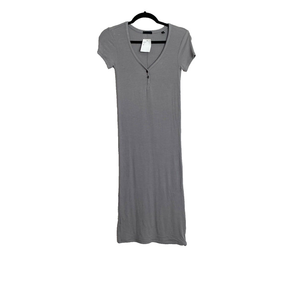 NWT ATM Jay Stretch Modal Ribbed Midi Dress Short Cap Sleeve V-Neck Gray Size XS - Picture 2 of 5